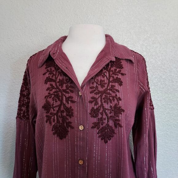 NEW Soft Surroundings Rasberry Red Striped Button Up Size M - Picture 3 of 15